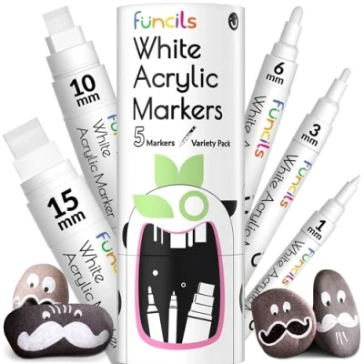 Afbeelding van Funcils 5 witte acrylverfpennen inktpennen met fijne en jumbo formaat (1 mm, 3 6 10 15 mm) permanente markeerinkt voor rotsschilderen, stof, banden, metaal, hout, canvas, glas,