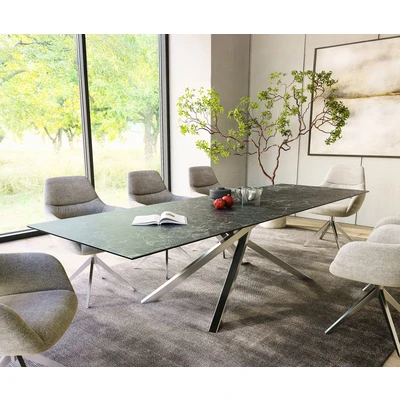 Afbeelding van DELIFE Eettafel Edge 300x100cm Laminam® keramiek grijs middenpoot kruis zilver