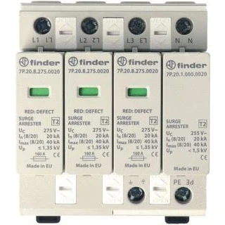 Afbeelding van Finder spd type 2 230vac 3 fase varistoren l1 n l2 l3 1 vonkenbrug pe 7p 24 8 275 0020