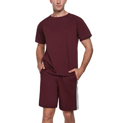 Afbeelding van Doaraha Heren Pyjama Sets Crew Neck PJs Korte Mouw Set Zachte Katoen Top &amp; Bottoms Lounge Wear met Zakken, A wijn Rood, L
