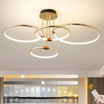 Afbeelding van YYUTLUO LED Plafondlamp, Ø75cm Gouden Metalen Cirkel Kroonluchter, 85W Traploos Dimbaar 3000 6000K, Moderne Ronde Gegalvaniseerde Hanger, Slaapkamer Wonen Kinderen Kantoor Studeerkeuken Hal (4 Ringen)