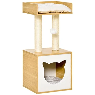 Afbeelding van PawHut kattennest kattengrot kattenbed dierenhuis met kattenmotief speelgoedbal afneembaar spaanplaat fluweelzacht polyester sisal eiken 35 x 81 cm