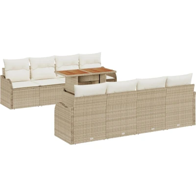 Afbeelding van vidaXL 9 delige Tuin Sofa Set met Kussens Beige Poly Riet Acacia, 2 Zitter