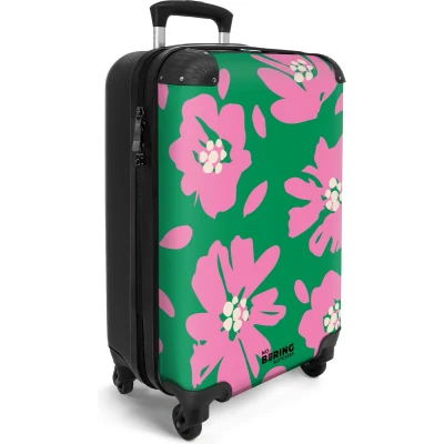 Afbeelding van NoBoringSuitcases.com® Handbagage koffer lichtgewicht Reiskoffer trolley Groen met roze bloemen Rolkoffer wieltjes Past binnen 55x40x20 en 55x35x25