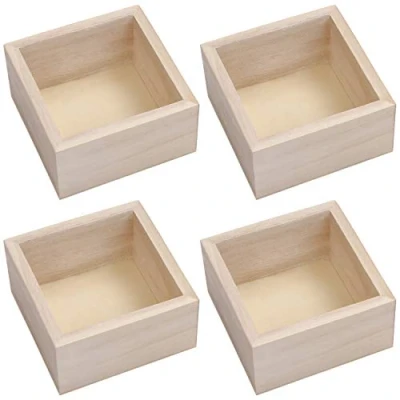 Afbeelding van Belle Vous Vierkante Onbewerkte Houten Hobby Opslag Organiser Dozen (4Pak) 9,5 x 5cm Rustiek Natuurlijk Container Set Voor Thuis/Werk Decor, Verzamelingen, Vetplanten en DIY