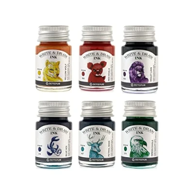 Afbeelding van Octopus Write and Draw Ink Set RAINBOW, watervaste inkt voor schrijven en tekenen, kalligrafie inkt, lichtechte tekeninkt vulpen, glaspen, penseel, 6 x 10 ml