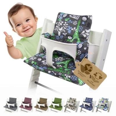 Afbeelding van Bambiniwelt Vervangende overtrek, zitkussen, kussenset, stoelverkleiner, compatibel met STOKKE Tripp Trapp voor hoge stoel, kinderstoel, design (grijs/groen, Eiffeltoren)