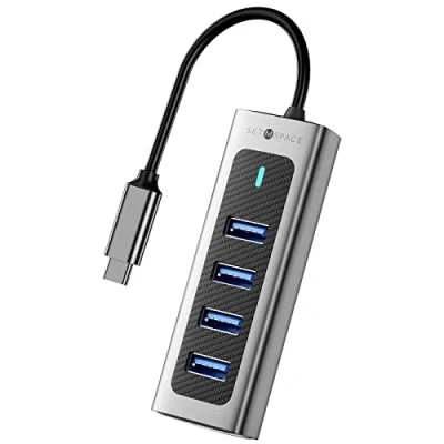 Afbeelding van USB C hub, hoogwaardige SETMSPACE 3.0 aluminium verdeler, 4 poorten hub voor laptop en tablet, grijs