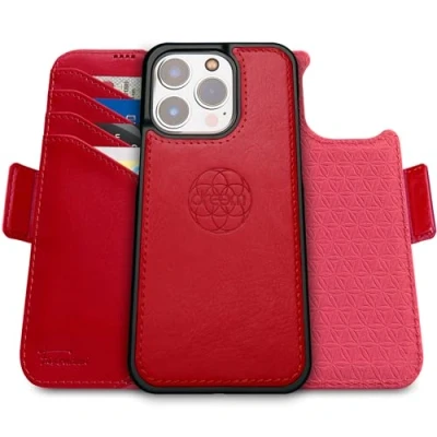 Afbeelding van Dreem Fibonacci compatibel met iPhone 16 Pro portemonnee case / 2 in 1 schokbestendig hoesje en afneembare veganistisch lederen folio, MagSafe, RFID bescherming [Rood]