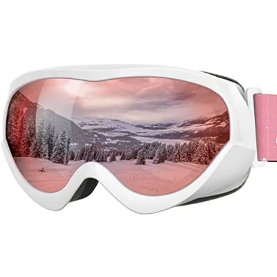 Afbeelding van OutdoorMaster Kinderskibril Sneeuwbril voor jongens en meisjes compatibel met helm 100% UV bescherming VLT 28% wit frame rozerode lens