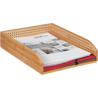 Afbeelding van Relaxdays 2x brievenbak bamboe stapelbaar documentenhouder geperforeerd