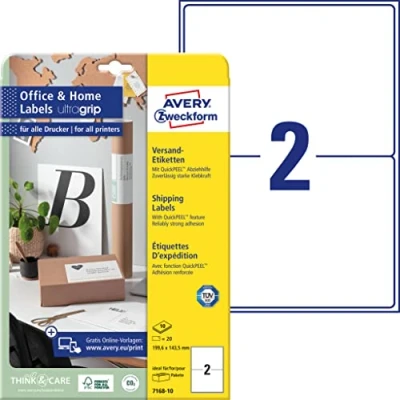Afbeelding van Avery, Stickers, 20 Verzendetiketten 7168 10 wit 199,6 x 143,5 mm