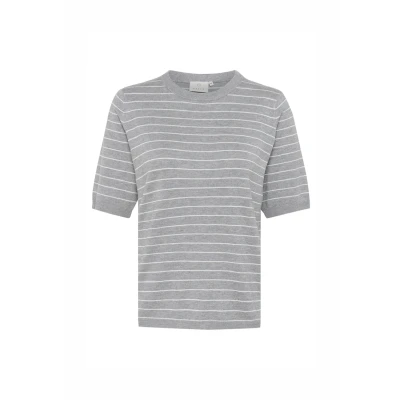 Afbeelding van Kaffe Lizza Striped Tshirt print, Dames, Maat: 40, Grey mel chalk narrow stripe