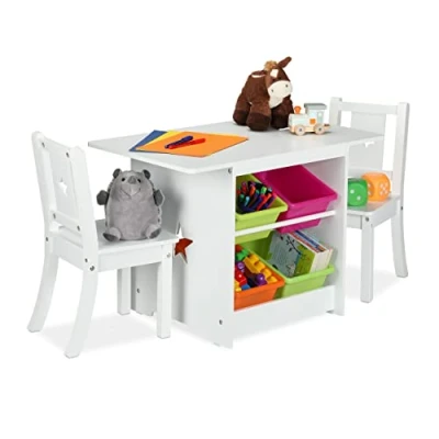 Afbeelding van Relaxdays kindertafel en stoeltjes speeltafel met opbergbakken witte kindermeubelset