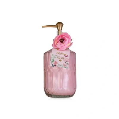 Afbeelding van Accentra BLOSSOM zeepdispenser met handzeep vloeibare zeep in een decoratieve glazen pompdispenser, 380ml, geur: Roze Saffraan navulbaar