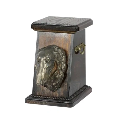 Afbeelding van Art Dog Custom Memorial Urn Handgemaakte Box Koudgegoten bronzen hondenkop op berkenbasis 19cmx32cmx30cm Borzoi, Russische Wolfshond