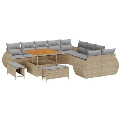 Afbeelding van vidaXL 13 delige tuin sofa set met kussens beige poly riet acacia