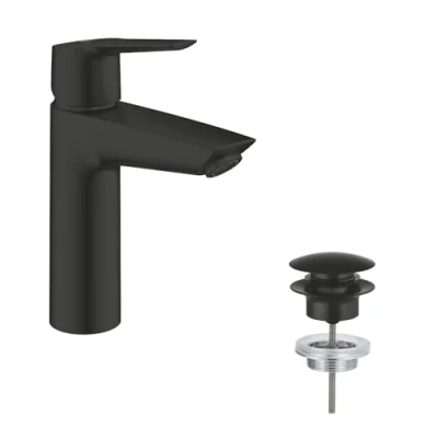 Afbeelding van GROHE Start QuickFix Wastafelmengkraan met Push Open Afvalset (M maat 192 mm, 28 mm keramische cartridge, waterbesparend, staarten 3/8 inch, eenvoudig te monteren QuickTool), mat zwart,