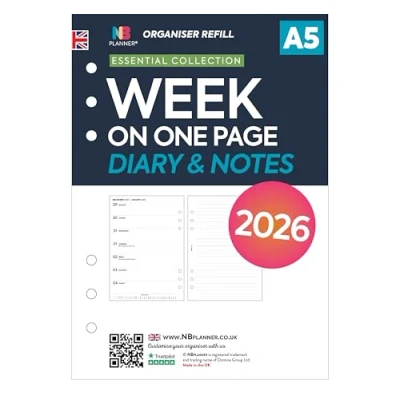 Afbeelding van 2026 A5 formaat week op één pagina dagboek &amp; gelinieerde notities organiser navulling insert Filofax COMPATIBEL Engels UK feestdagen 148 x 210 mm (2026 notities)