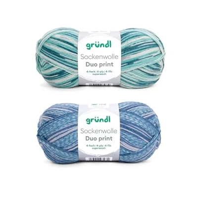 Afbeelding van Gründl Sokkenwol Duo breiset van 2 x 100 g sokkengaren (75% scheerwol (superwash), 25% polyamide) + handleiding (mogelijk niet beschikbaar in het Nederlands), blauw