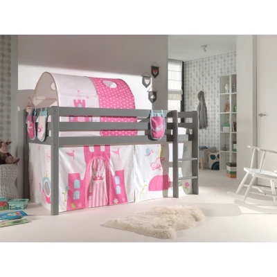 Afbeelding van LUCEVI Pino Halfhoogslaper H115CM + Ladder Princess Gordijntjes 3 Zakjes Tunnel Grijs 90x200 cm