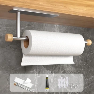 Afbeelding van Zivacate Keukenrolhouder zonder boren, [Esthetische Houtaccenten] Zelfklevend of Boren Wandgemonteerd Papieren Handdoekrek voor Voorraadkast, Keuken, Badkamer(zilver)