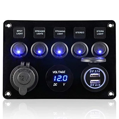 Afbeelding van Schakelpaneel met 5 versnellingen, 12 V/24 V, tuimelschakelpaneel, IP65 waterdicht, led voltmeter, dubbele USB aansluiting, oplader voor auto, boot, scheepvaart, camper, vrachtwagen, caravan, voertuigen (blauw)