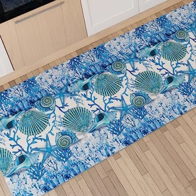 Afbeelding van PETTI Artigiani Italiani Keukentapijt, loper voor de keuken, antislip en wasbaar, 52 x 340 cm, koraaldesign, blauw, 100% Made in Italy