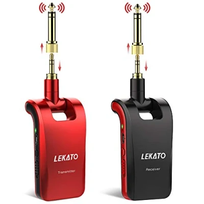 Afbeelding van LEKATO Stereo 2,4 GHz draadloze gitaarzender ontvanger met 1/4 inch n 1/8 stekkers voor mono /stereogeluidsinstrumenten, oplaadbaar draadloos gitaarsysteem gitaar, bas, keyboard