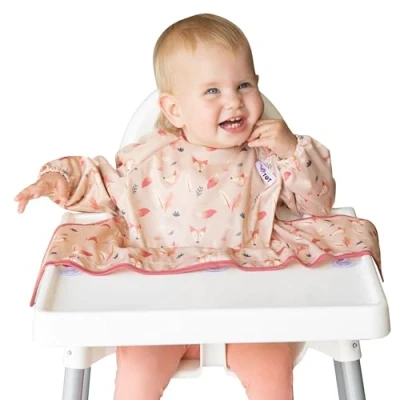 Afbeelding van Tidy Tot®™ Cover &amp; Catch™ Spenen slabbetje met mouwen. Bevestiging aan kinderstoelen zuigkracht voor knoeibestendige babyvoeding. Waterdichte slabbetjes lange Overall, BLW slabbetjes,