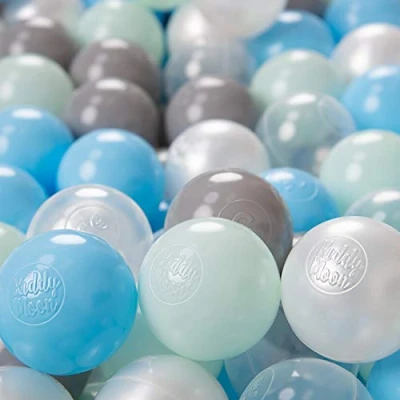 Afbeelding van KiddyMoon Plastic Ballen Voor Kinderen Ø 6Cm Kleurig Gecertificeerd, Parel Grijs Transparant Babyblue Munt, 200 Ballen/6Cm