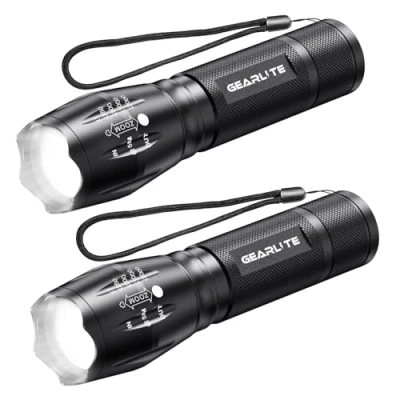 Afbeelding van GEARLITE Led zaklamp, werkt op batterijen, 2 stuks, 2000 lumen, extreem helder, met 5 modi, IP65 waterdicht, voor kinderen, kamperen, wandelen, outdoor, noodgevallen