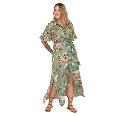 Afbeelding van Trendyol Zakdoek mouw Ronde hals A lijn Groene overhemdjurk met geweven split en bloemen TBBSS22EL1596