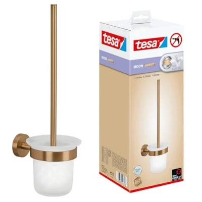 Afbeelding van tesa MOON Toiletset met Houder en Wc borstel van Geborsteld Brons, Gesatineerd Glas Zelfklevend, Gemaakt PVD gecoat Metaal Zonder Boren, incl. Kleefoplossing 379 mm x 112 145