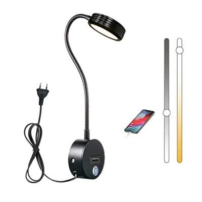 Afbeelding van Nachtkastje Leeslamp Wandmontage, LED Flexibele Leeswandlamp Met Touch Schakelaar, Dimbaar Zwanenhals Lamp, Slaapkamer Nachtlampje ​Met USB Oplaadbaar, 5W Kinder Wandlampen Binnen Kabel (Zwart)