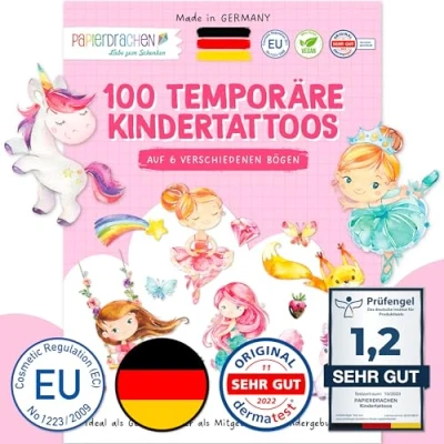 Afbeelding van 100 Opplaktatoeages kindertattoos met bosdieren, eenhoorns, zeemeerminnen, prinsessen en andere ontwerpen geschikt voor kinderen als verjaardagscadeau of cadeau idee.