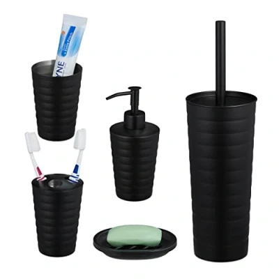 Afbeelding van Relaxdays badkamerset 5 delig badkameraccessoires geborsteld edelstaal modern zwart