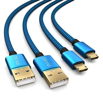 Afbeelding van 2x 2m oplaadkabel voor PS4 controller, micro USB oplaadkabel, kabel, nylon, USB, stoffen omhulsel, aluminium plug, blauw zwart