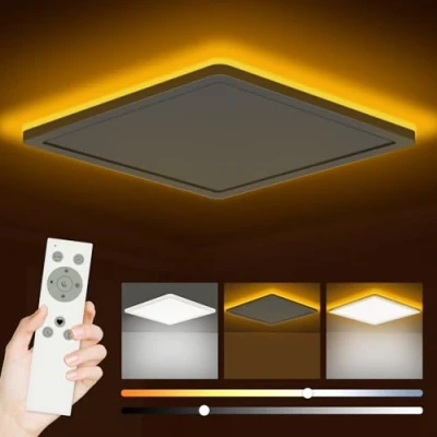 Afbeelding van Bowfar Led plafondlamp, plat, 25 W, 3200 lm, plafondlamp met afstandsbediening, dimbaar, 3000 6500 K, 1800 K nachtlampje, amber, badkamerlamp voor woonkamer, keuken, kinderkamer, hal, slaapkamer,