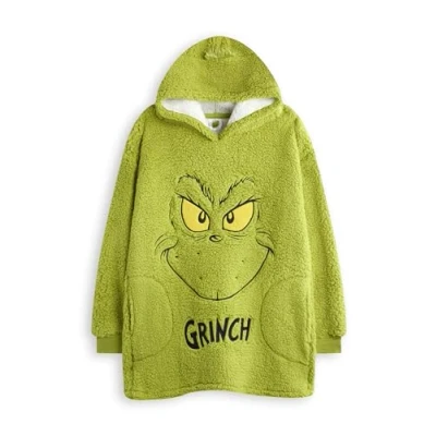 Afbeelding van De Grinch Kids draagbare dekenhoodie Fleecetrui met capuchon voor kinderen in groen karaktergezicht en bonthaar Loungewear sherpavoering zakken Kerstfilm merchandise cadeau