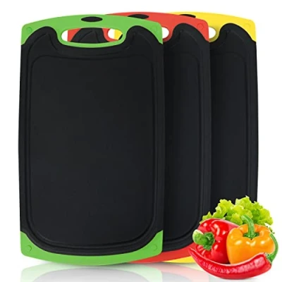 Afbeelding van snijplank, set van 3, zwarte kunststof, keukenplank, antislip, met sapgoot en handgreep, ontbijtplankjes, snijplanken, antibacterieel vaatwasmachinebestendig, voor fruit/groenten/vlees