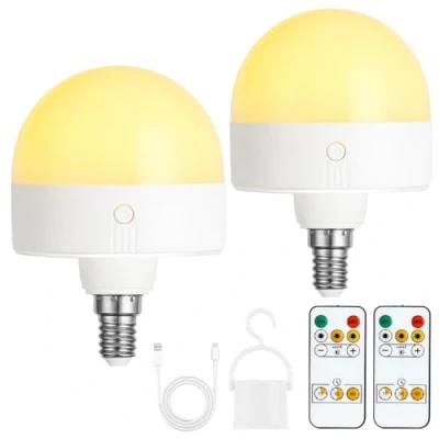 Afbeelding van oplaadbare gloeilamp met timer en afstandsbediening, Dimbare batterij gloeilampen magnetische basis, E14 LED gloeilamp, Niet hardwired lampen 3 kleurentemperaturen, 2 pakketten
