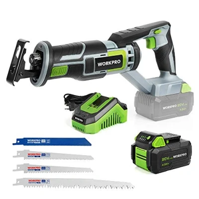Afbeelding van WORKPRO accu reciprozaag, draadloze 20 V, 4,0 Ah, universele zaag met 4 zaagbladen voor hout en metaal (25 mm slaglengte, 100 zaagdiepte, bladwisselen zonder gereedschap) incl.