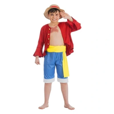 Afbeelding van Chaks One Piece kostuum luffy strohoed Monkey D. Ruffy voor kinderen Gr. 128 152 Anime gelicentieerd manga cosplay carnaval (140), meerkleurig
