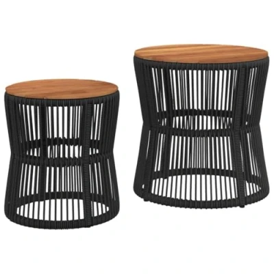 Afbeelding van Tuinbijzettafels 2 st met houten blad poly rattan zwart