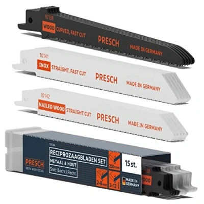 Afbeelding van Presch reciprozaagbladen set hout, metaal en roestvrij staal 15 pcs Complete voor elke toepassing incl. doos