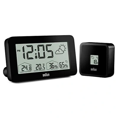 Afbeelding van Braun Digital Weather Station Clock with Indoor and Outdoor Temperature Humidity, Forecast, LCD display, Quick set, Crescendo beep alarm in black, model BC13BP.
