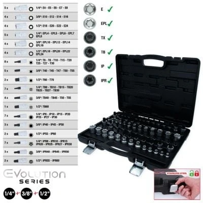 Afbeelding van KS Tools 911.0077 EVOLUTION Series 1/4 &quot;+3/8&quot; +1/2&quot; Torx dopsleutelset, 77 delig