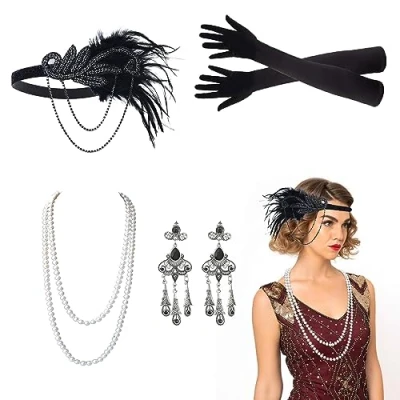 Afbeelding van VIKSAUN 5 stuks 1920 accessoireset Great Gatsby verkleedkleding, flapper accessoires, lange handschoenen parelketting accessoires voor vrouwen, hoofdband hoofddeksel, dames Charleston