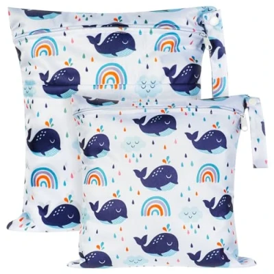 Afbeelding van Vicloon wasbare luiertas, 2 stuks Droge Natte tas, Baby Tas Met ritssluiting, Waterdichte Herbruikbare Wet Bag Organizer voor luiers, zwemkleding of vuile was ritssluiting walvisstijl